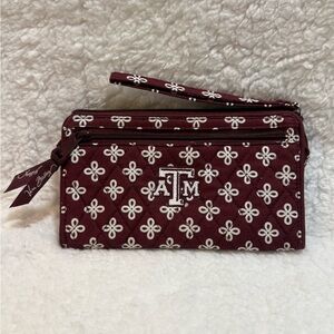 Vera Bradley Maroon Quilted Wristlet with Embroidered Texas A&M logo.